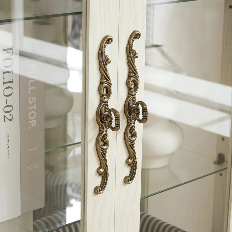 Lighted Glass Cabinet Curio Display Cabinet with Adjustable Glass Shelves 2 Doors and 1 drawer, Glass Wine Cabinet