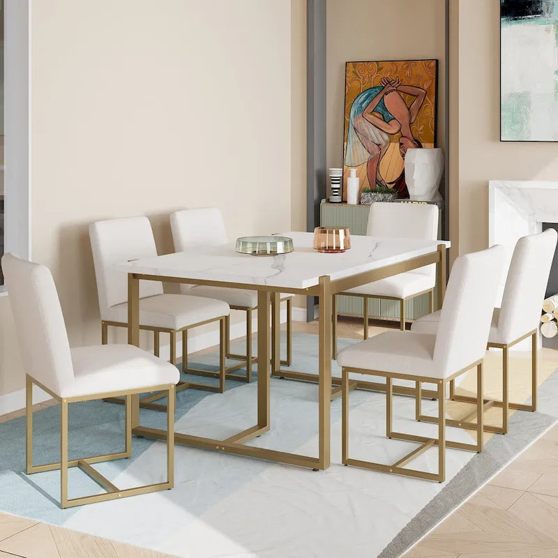 GDFStudio - Carter Modern Rectangular Dining Set with Faux Marble Table and Six Upholstered Chairs