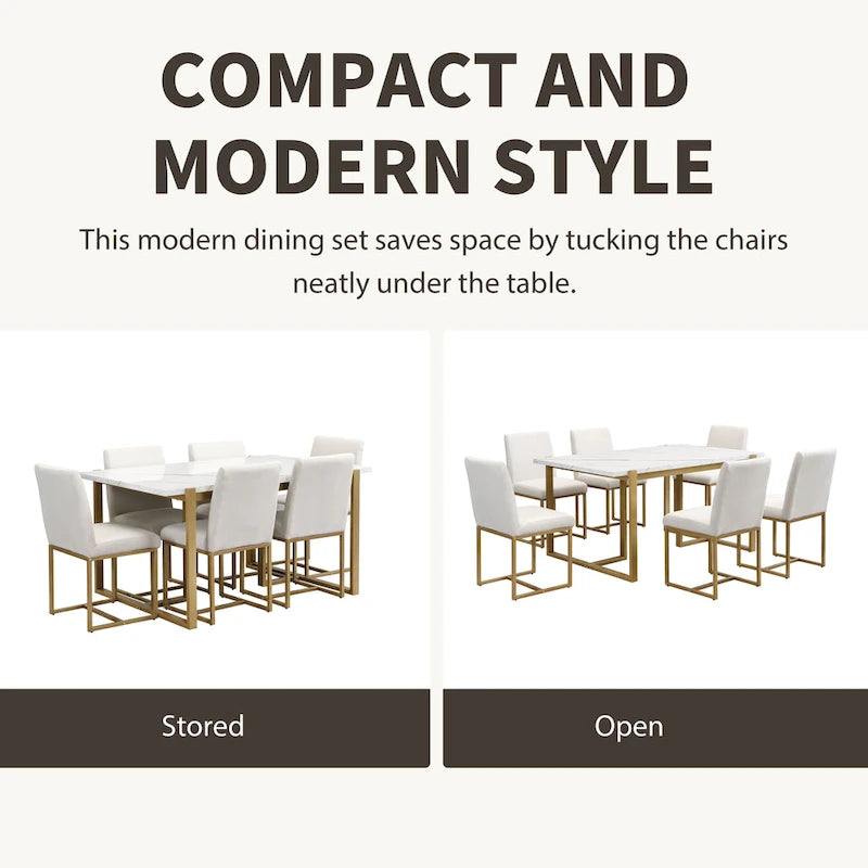 GDFStudio - Carter Modern Rectangular Dining Set with Faux Marble Table and Six Upholstered Chairs