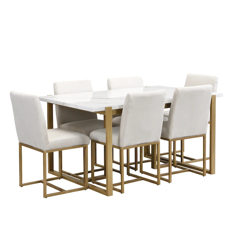 GDFStudio - Carter Modern Rectangular Dining Set with Faux Marble Table and Six Upholstered Chairs
