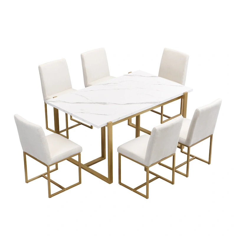 GDFStudio - Carter Modern Rectangular Dining Set with Faux Marble Table and Six Upholstered Chairs