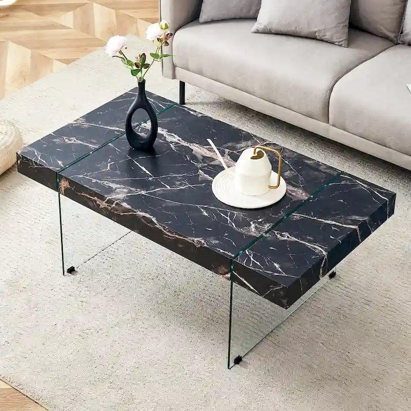 Rectangular Coffee Table with Tempered Glass Legs Wood Side Tables Wood Center Tables for Living Room Reception Room