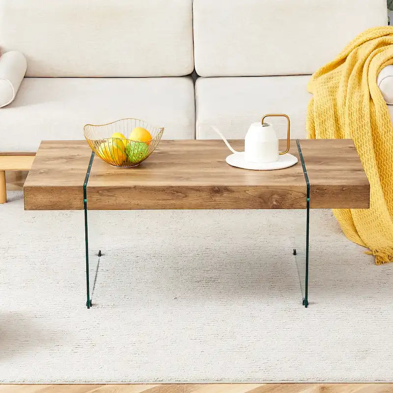 Rectangular Coffee Table with Tempered Glass Legs Wood Side Tables Wood Center Tables for Living Room Reception Room