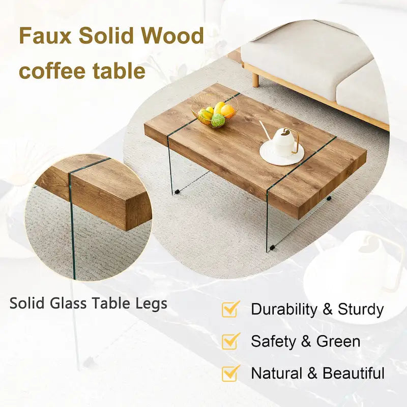 Rectangular Coffee Table with Tempered Glass Legs Wood Side Tables Wood Center Tables for Living Room Reception Room