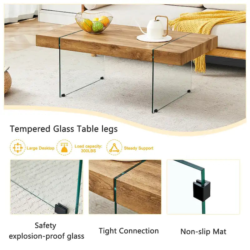 Rectangular Coffee Table with Tempered Glass Legs Wood Side Tables Wood Center Tables for Living Room Reception Room