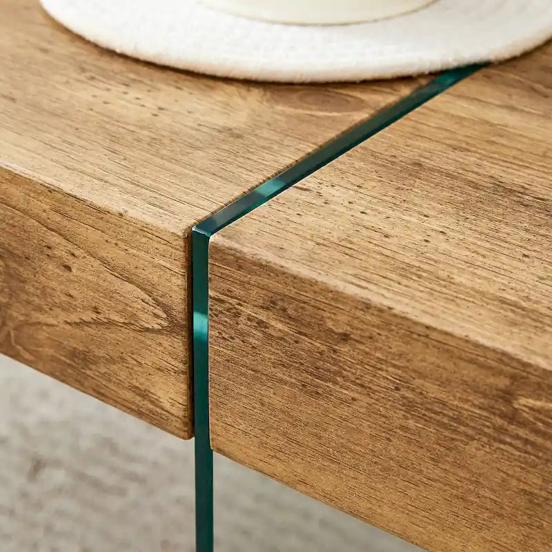 Rectangular Coffee Table with Tempered Glass Legs Wood Side Tables Wood Center Tables for Living Room Reception Room