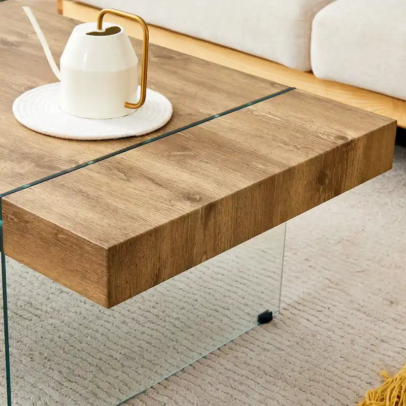 Rectangular Coffee Table with Tempered Glass Legs Wood Side Tables Wood Center Tables for Living Room Reception Room