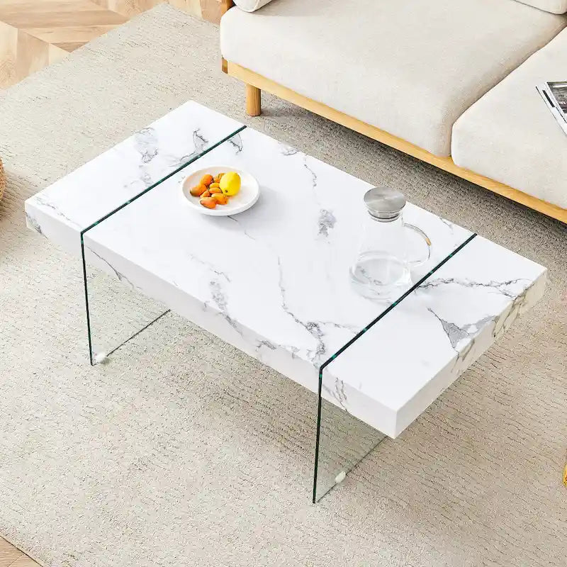 Rectangular Coffee Table with Tempered Glass Legs Wood Side Tables Wood Center Tables for Living Room Reception Room