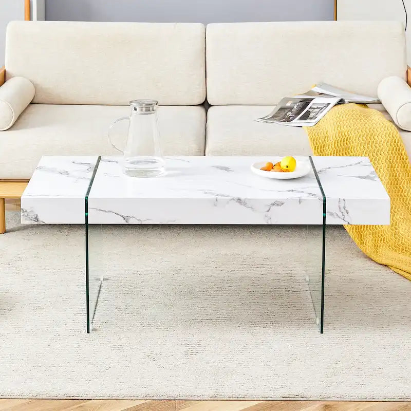 Rectangular Coffee Table with Tempered Glass Legs Wood Side Tables Wood Center Tables for Living Room Reception Room