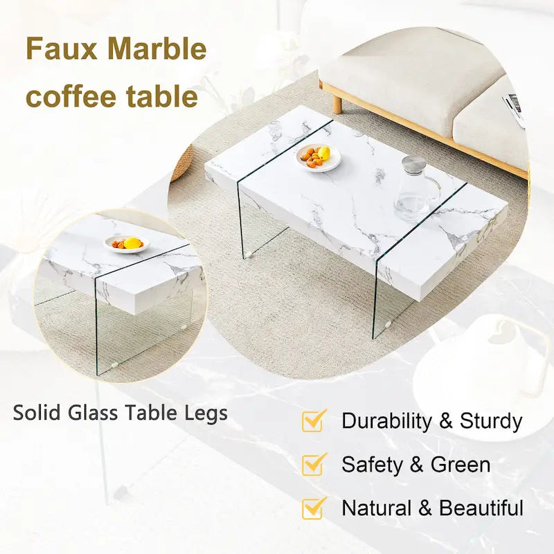 Rectangular Coffee Table with Tempered Glass Legs Wood Side Tables Wood Center Tables for Living Room Reception Room