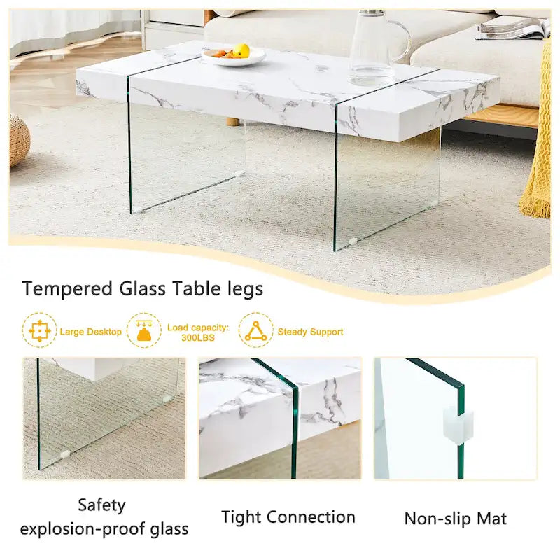 Rectangular Coffee Table with Tempered Glass Legs Wood Side Tables Wood Center Tables for Living Room Reception Room