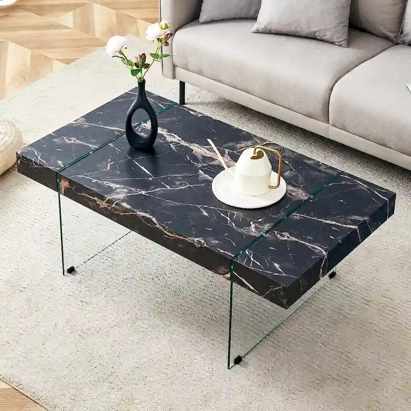 Rectangular Coffee Table with Tempered Glass Legs Wood Side Tables Wood Center Tables for Living Room Reception Room