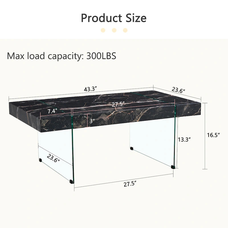 Rectangular Coffee Table with Tempered Glass Legs Wood Side Tables Wood Center Tables for Living Room Reception Room