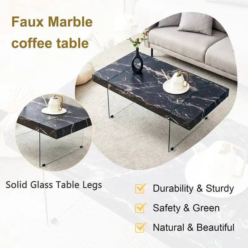 Rectangular Coffee Table with Tempered Glass Legs Wood Side Tables Wood Center Tables for Living Room Reception Room