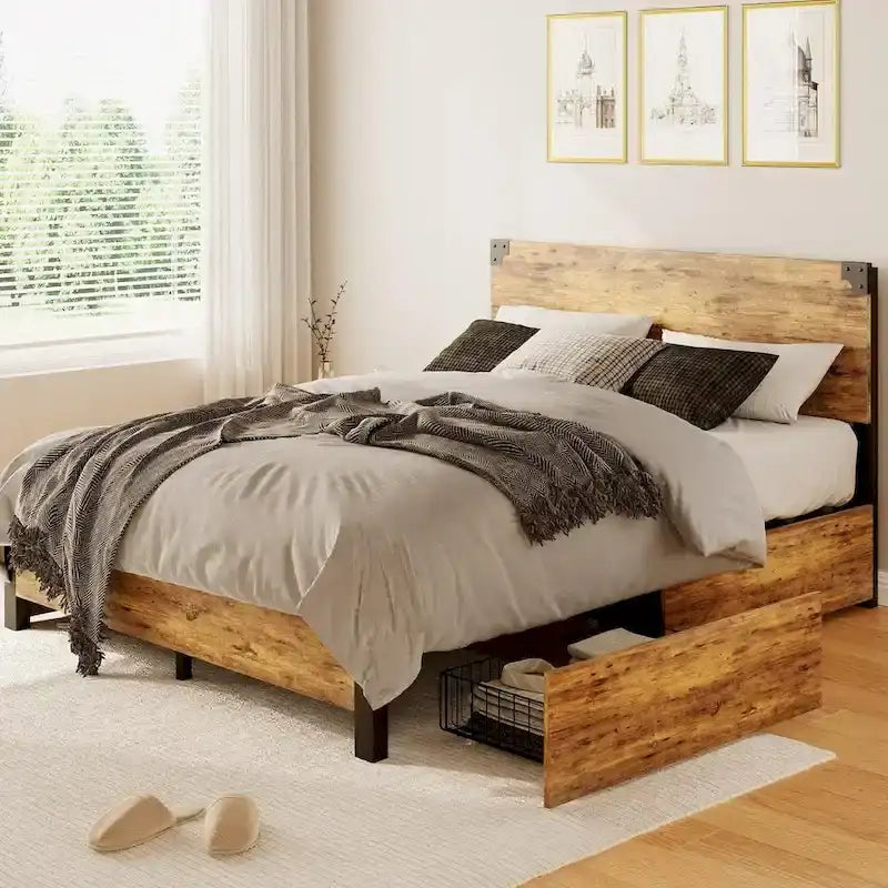 Metal Platform Bed Frame with 4 Storage Drawers,Wooden Headboard