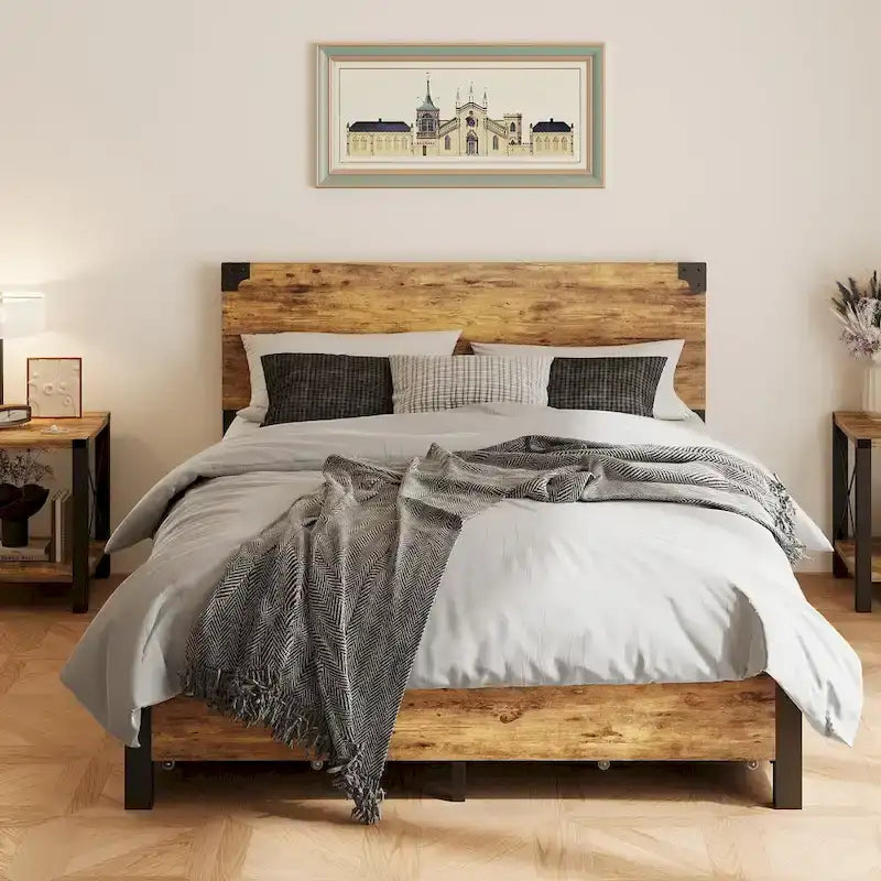 Metal Platform Bed Frame with 4 Storage Drawers,Wooden Headboard