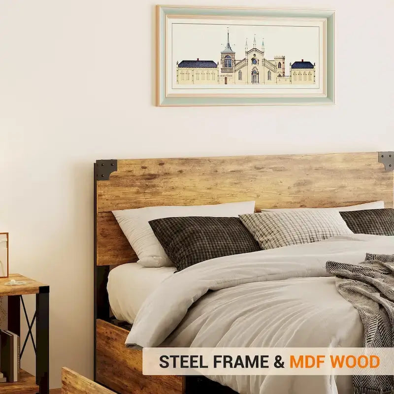 Metal Platform Bed Frame with 4 Storage Drawers,Wooden Headboard