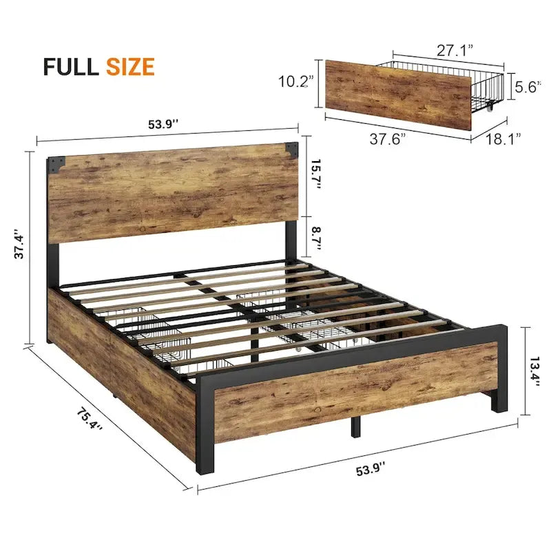 Metal Platform Bed Frame with 4 Storage Drawers,Wooden Headboard