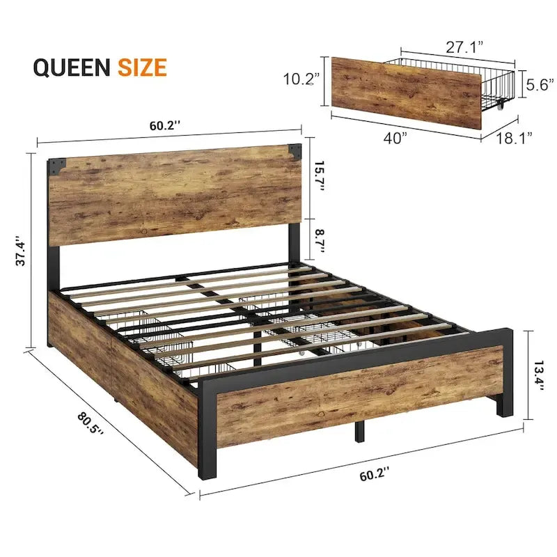 Metal Platform Bed Frame with 4 Storage Drawers,Wooden Headboard