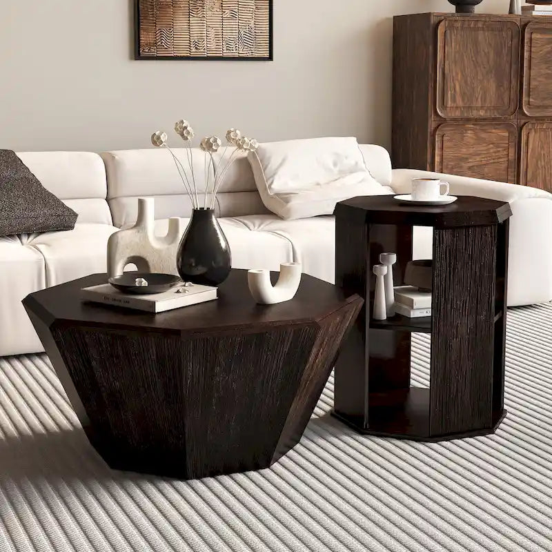 31.5 Octagonal Rubber wood Coffee Tables (Set of 2 Pieces)