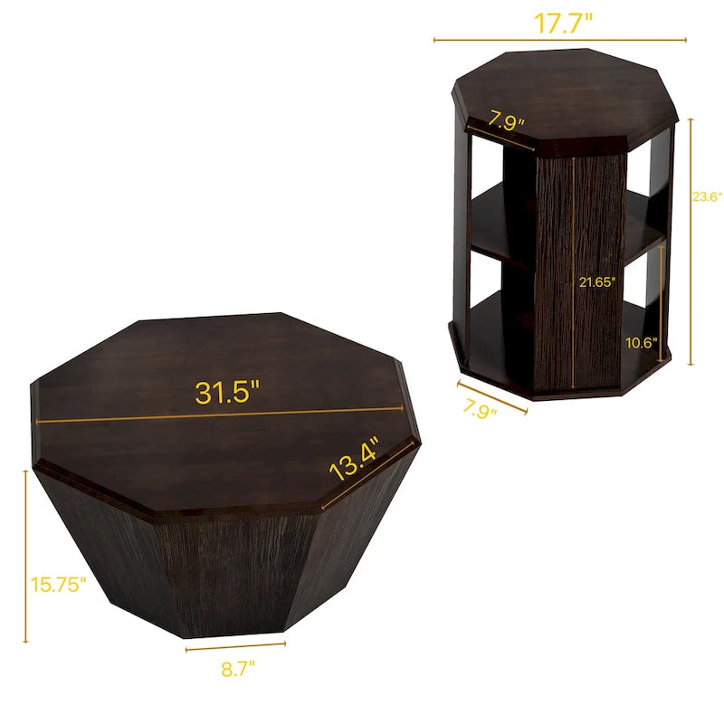 31.5 Octagonal Rubber wood Coffee Tables (Set of 2 Pieces)