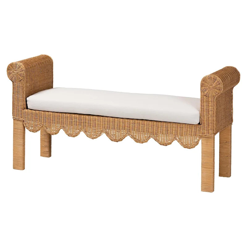 Reiko Handwoven Natural Rattan Bench with Scalloped Detailing - Boho Farmhouse Entryway, Bedroom, or Living Room Seating