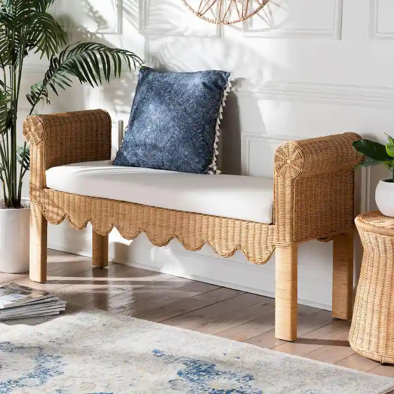 Reiko Handwoven Natural Rattan Bench with Scalloped Detailing - Boho Farmhouse Entryway, Bedroom, or Living Room Seating