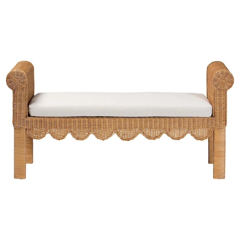 Reiko Handwoven Natural Rattan Bench with Scalloped Detailing - Boho Farmhouse Entryway, Bedroom, or Living Room Seating