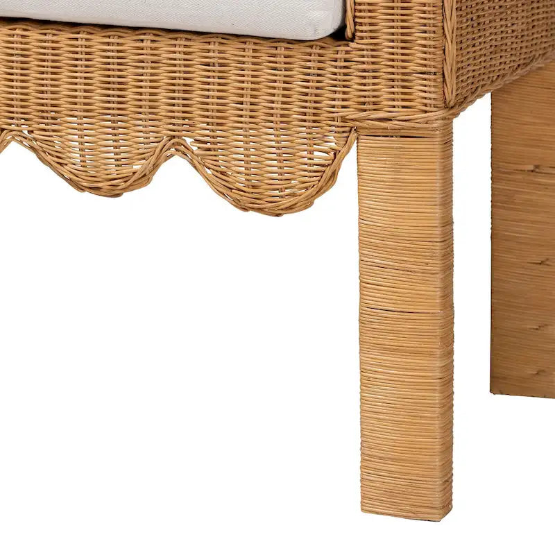 Reiko Handwoven Natural Rattan Bench with Scalloped Detailing - Boho Farmhouse Entryway, Bedroom, or Living Room Seating
