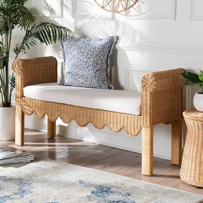 Reiko Handwoven Natural Rattan Bench with Scalloped Detailing - Boho Farmhouse Entryway, Bedroom, or Living Room Seating