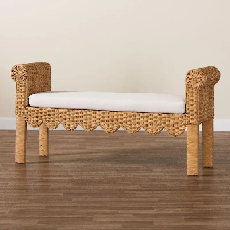 Reiko Handwoven Natural Rattan Bench with Scalloped Detailing - Boho Farmhouse Entryway, Bedroom, or Living Room Seating