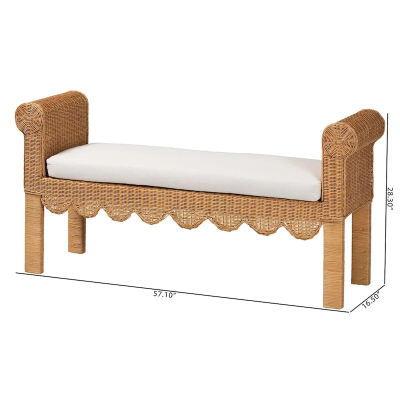 Reiko Handwoven Natural Rattan Bench with Scalloped Detailing - Boho Farmhouse Entryway, Bedroom, or Living Room Seating