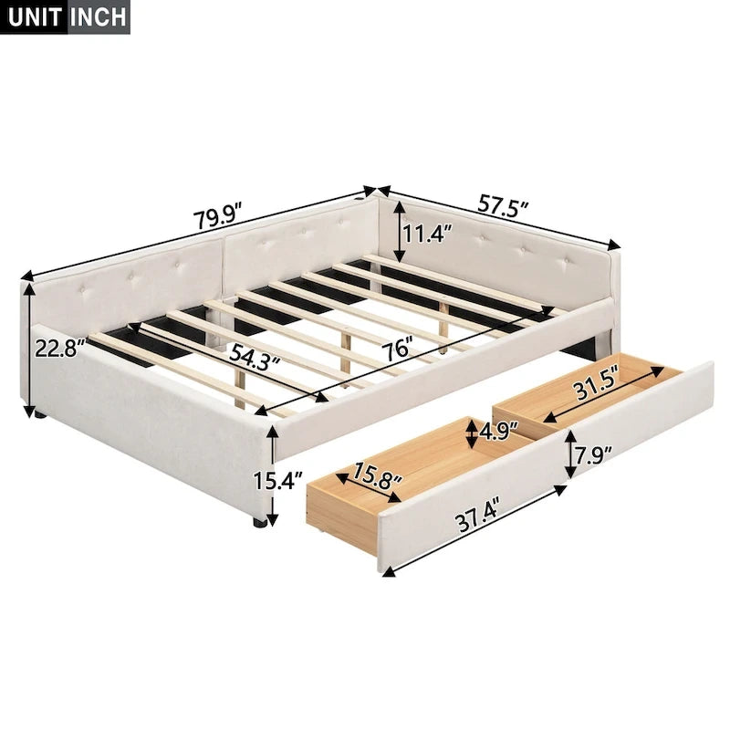 Upholstered Platform Bed L-shape Corner Daybed with 2 Drawers and Built-in USB, Grounding Sofa Bed with Button Tufted Guardrail