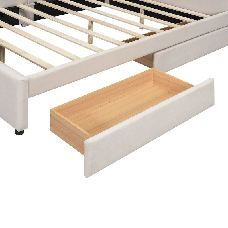 Upholstered Platform Bed L-shape Corner Daybed with 2 Drawers and Built-in USB, Grounding Sofa Bed with Button Tufted Guardrail