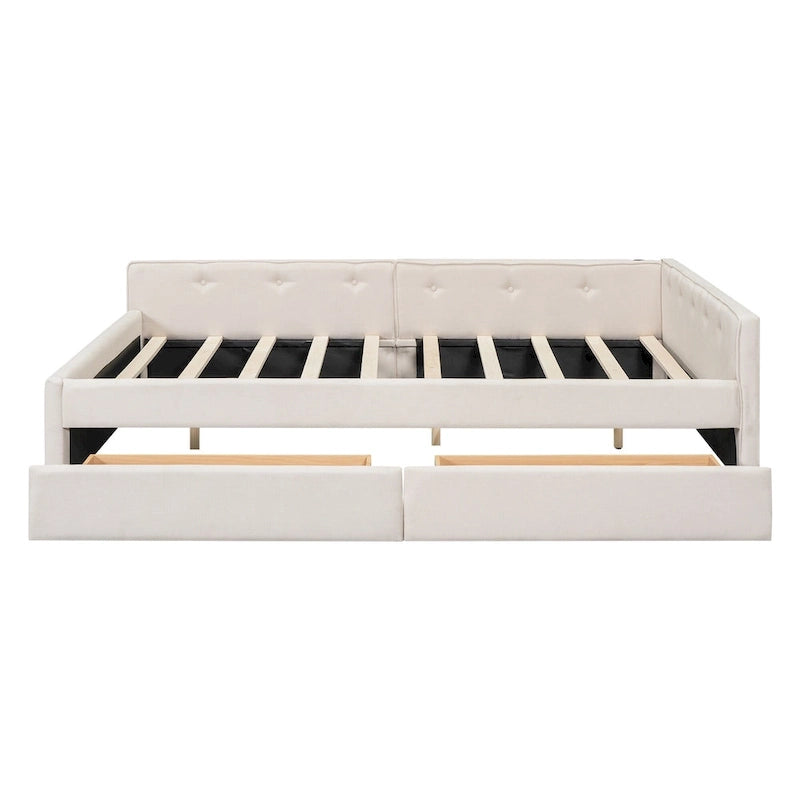 Upholstered Platform Bed L-shape Corner Daybed with 2 Drawers and Built-in USB, Grounding Sofa Bed with Button Tufted Guardrail