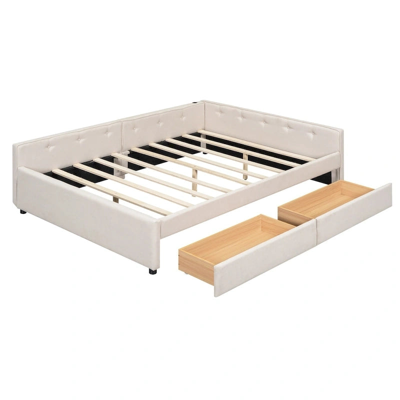 Upholstered Platform Bed L-shape Corner Daybed with 2 Drawers and Built-in USB, Grounding Sofa Bed with Button Tufted Guardrail