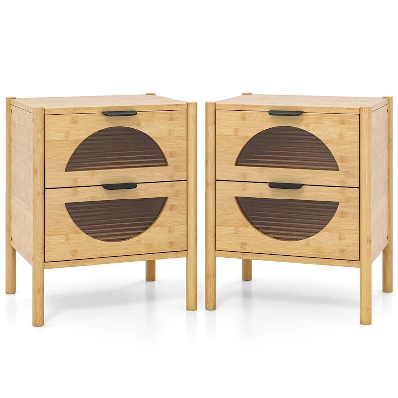 Costway 1/2 PCS Bamboo Nightstand with 2 Storage Drawers & Reeded