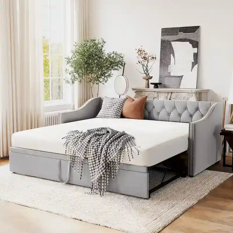 Twin Size Upholstered Daybed with Pop Up Trundle, Gray