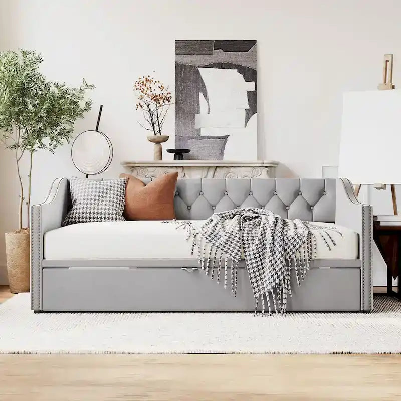 Twin Size Upholstered Daybed with Pop Up Trundle, Gray