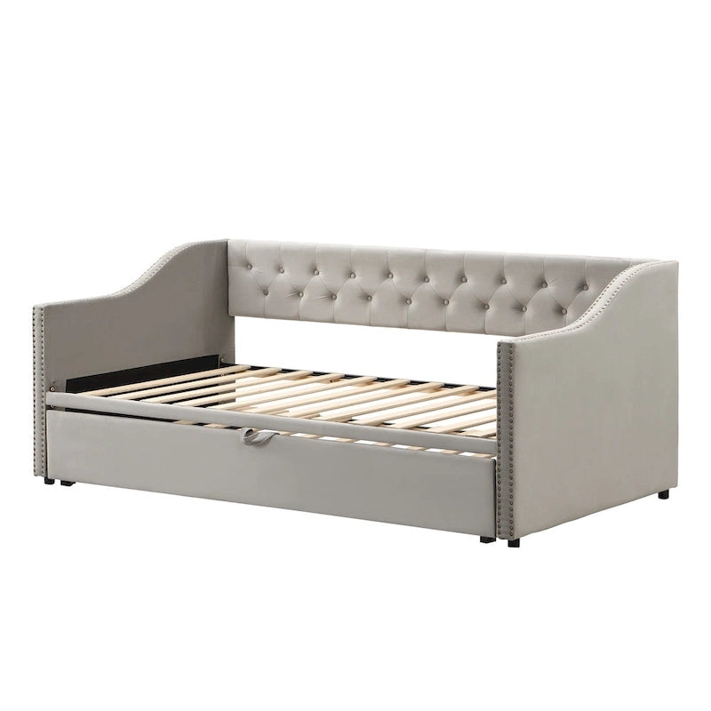 Twin Size Upholstered Daybed with Pop Up Trundle, Gray