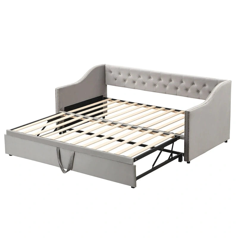 Twin Size Upholstered Daybed with Pop Up Trundle, Gray