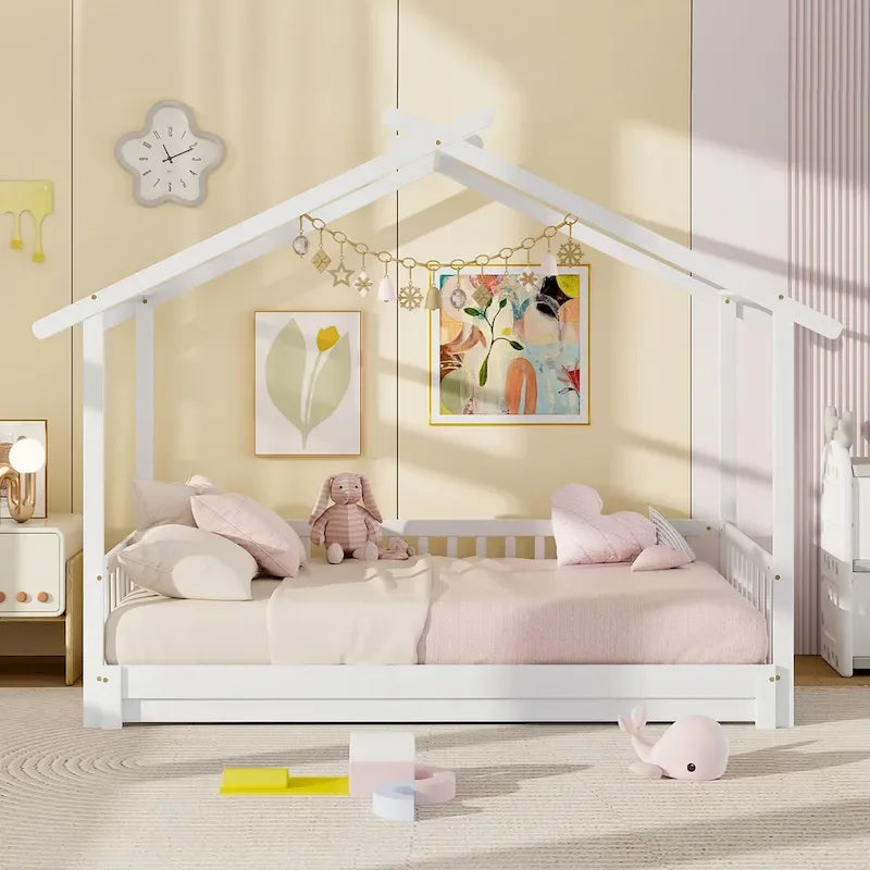 Gymax Wooden House Bed Twin to King Daybed w/ Safety Rails & Decorable