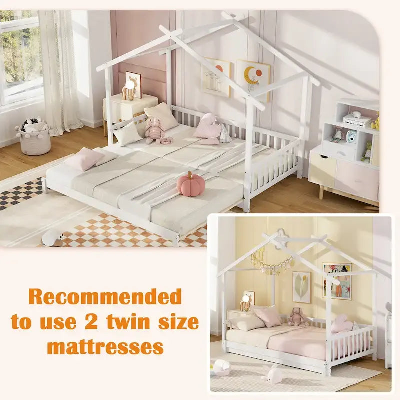 Gymax Wooden House Bed Twin to King Daybed w/ Safety Rails & Decorable