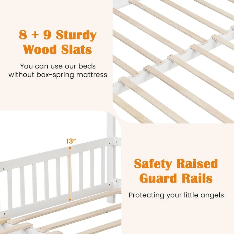 Gymax Wooden House Bed Twin to King Daybed w/ Safety Rails & Decorable