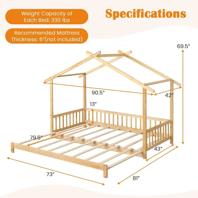Gymax Wooden House Bed Twin to King Daybed w/ Safety Rails & Decorable