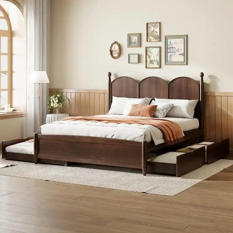 Queen Size Platform Bed with Vintage Headboard, Multifunctional Storage Bed Frame with Twin XL Size Trundle & 2 Drawers