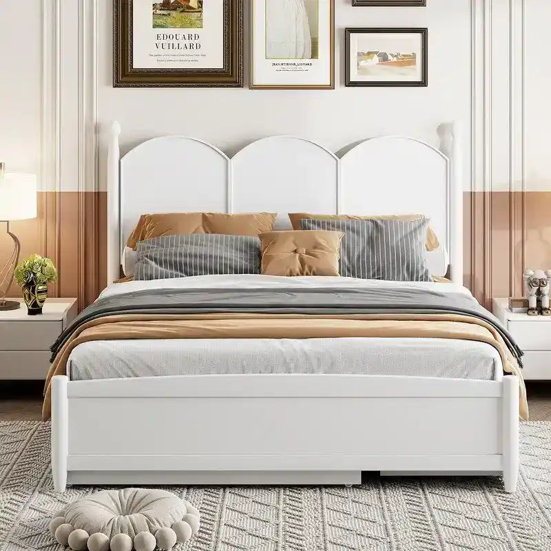 Queen Size Platform Bed with Vintage Headboard, Multifunctional Storage Bed Frame with Twin XL Size Trundle & 2 Drawers
