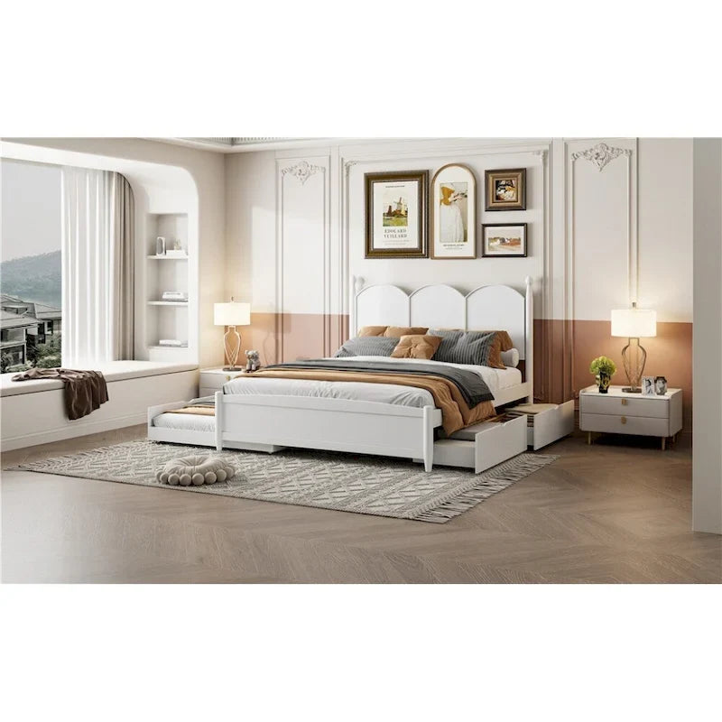 Queen Size Platform Bed with Vintage Headboard, Multifunctional Storage Bed Frame with Twin XL Size Trundle & 2 Drawers