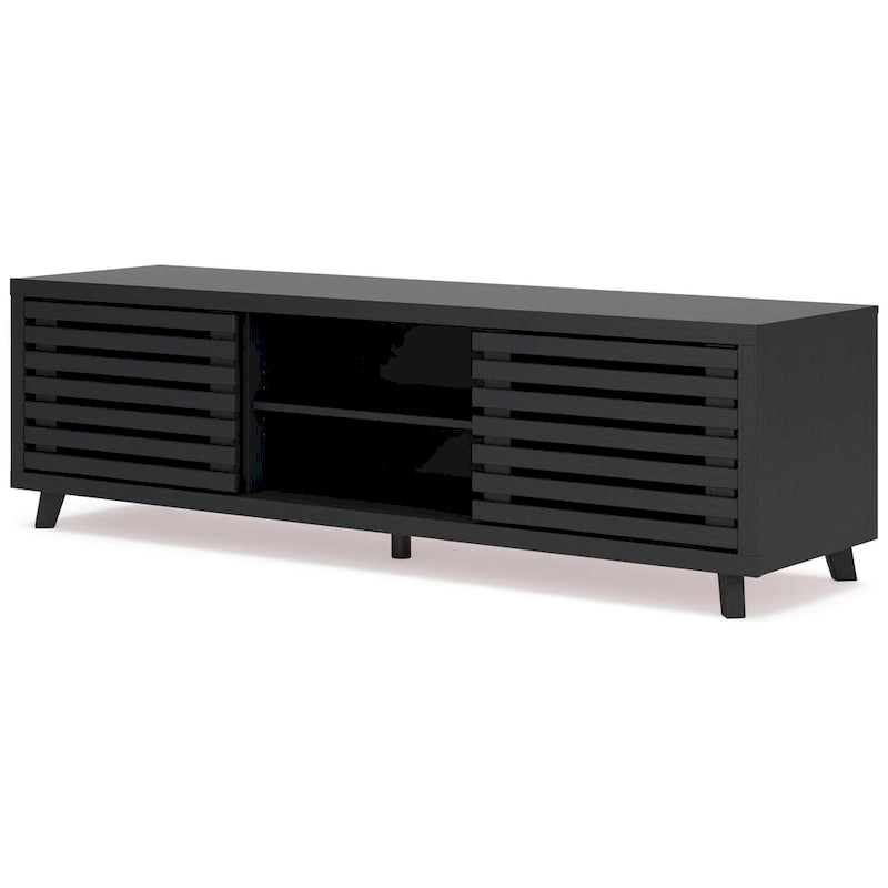 Danzi Large TV Media Console, 4 Shelves, Black Wood Finish, 72 Inch