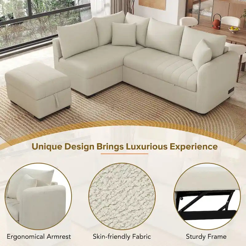 Roomfitters L-Shaped Pull-Out Sleeper Sofa with USB Ports, Power Sockets, and Movable Storage Ottoman